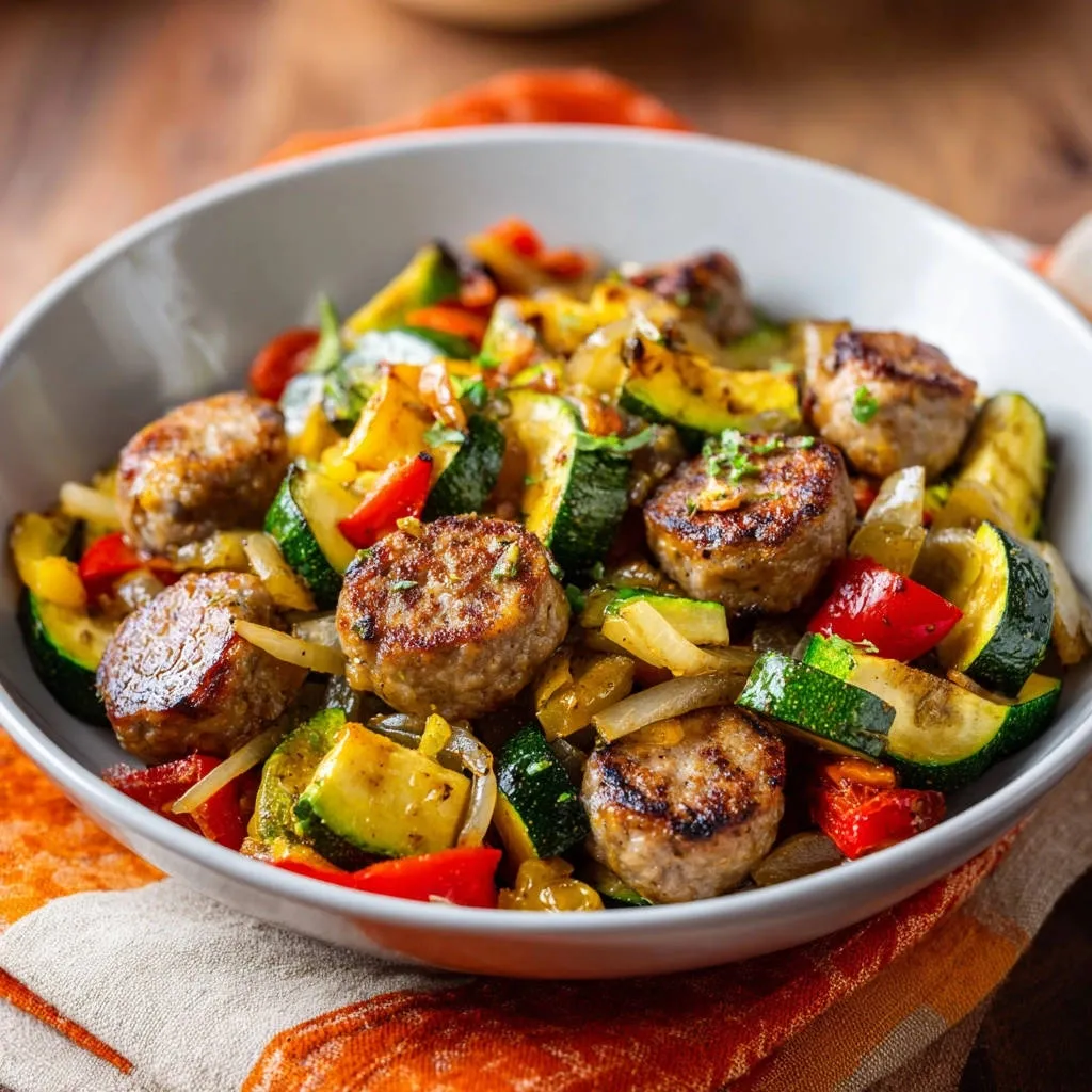 Skillet meatballs and veggies served in a white bowl, showcasing a close-up view of the colorful ingredients.
