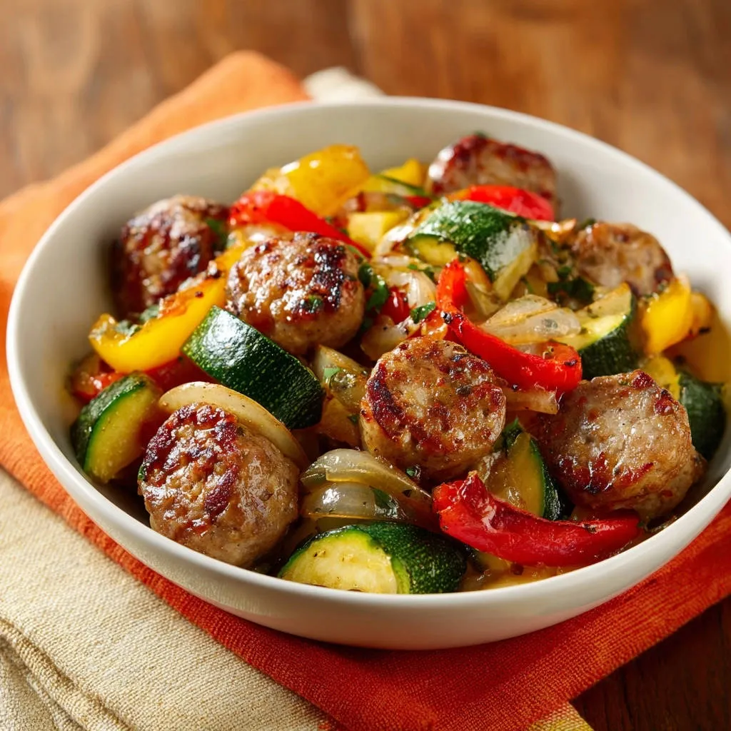 Skillet meatballs and veggies served in a white bowl, showcasing a close-up view of the colorful dish.