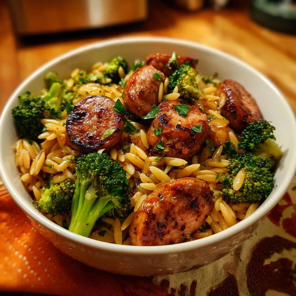 Skillet sausage and broccoli orzo served in a white bowl, showcasing fluffy grains and tender florets.