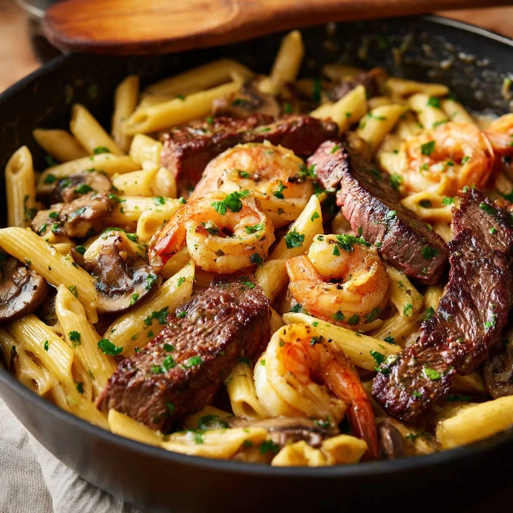 Skillet steak and shrimp pasta close-up in a pan, showing tender steak, plump shrimp, and penne pasta.
