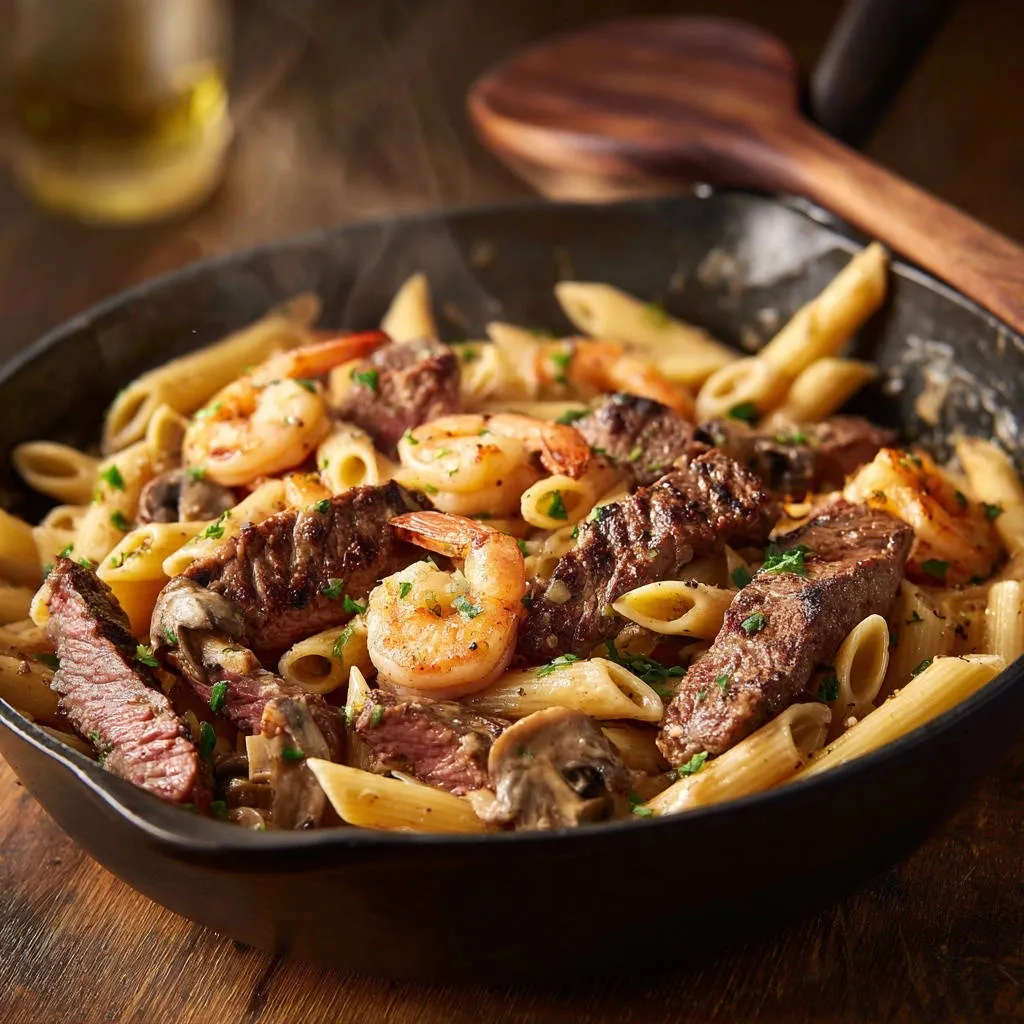 Skillet steak & shrimp pasta steaming in a cast iron pan, showcasing tender steak and plump shrimp.