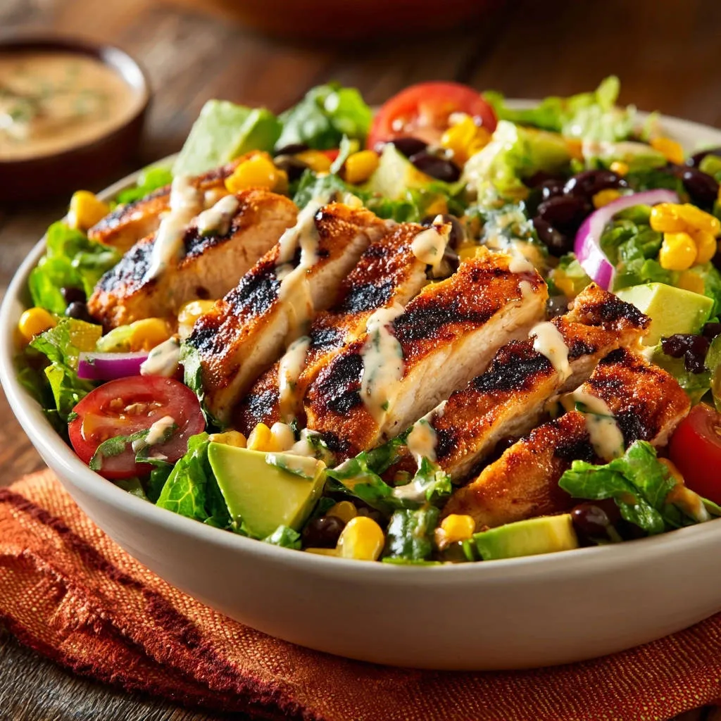 Southwest grilled chicken salad featuring sliced grilled chicken, avocado, corn, and black beans, presented in a bowl.