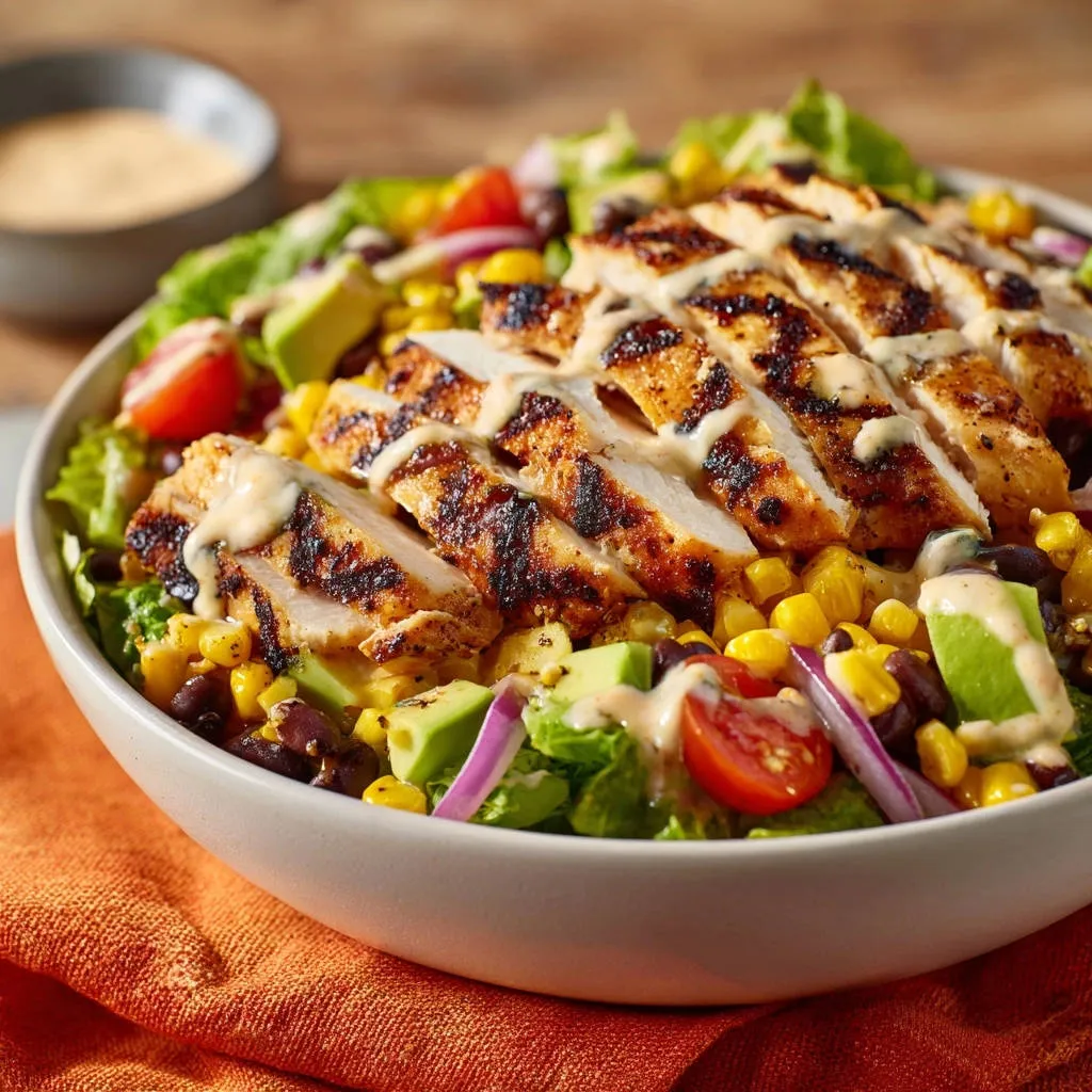 Southwest grilled chicken salad sliced and drizzled with creamy dressing, featuring corn, beans, and avocado.