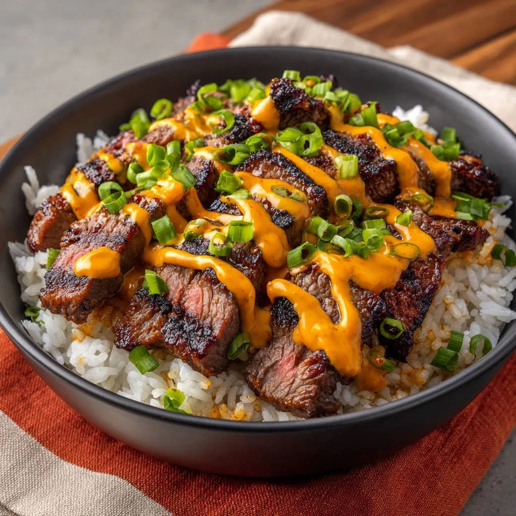 Spicy seared steak rice bowl with a drizzle of sauce and green onion garnish, presented in a black bowl.