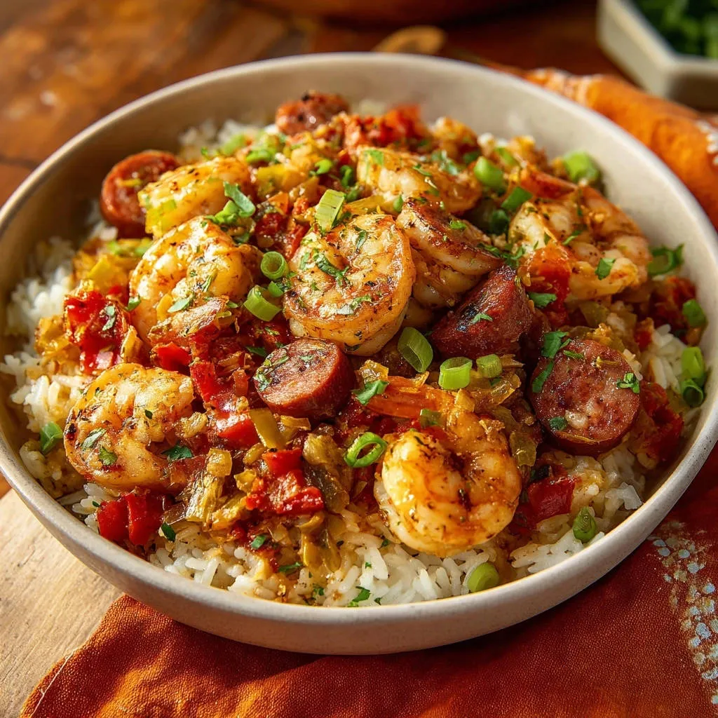 Spicy shrimp and sausage skillet served in a bowl over white rice, garnished with green onions.