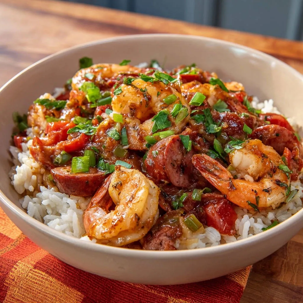 Spicy shrimp and sausage skillet served in a bowl over white rice, garnished with fresh green onions.