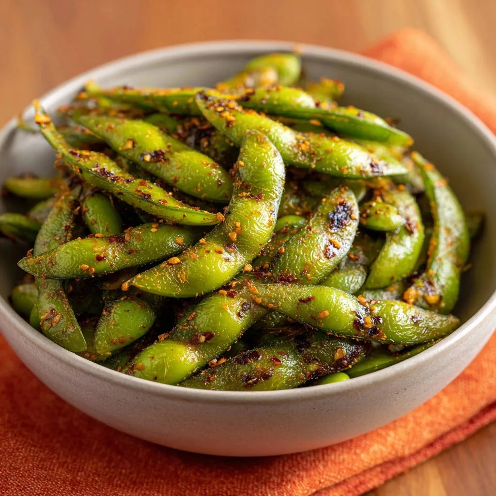 Spicy toasted edamame pods, seasoned with chili flakes, shown in a close-up bowl view.