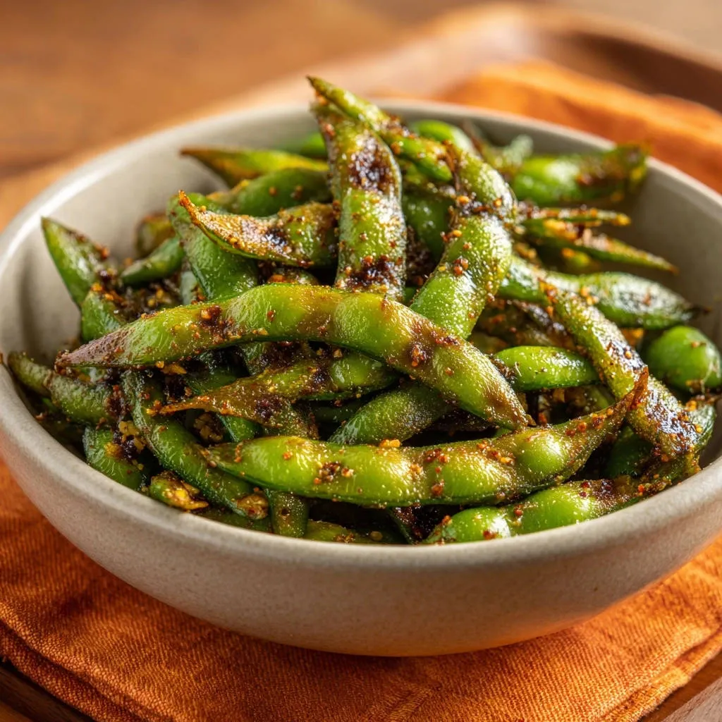 Spicy toasted edamame with a close-up view of its charred texture and seasoning.