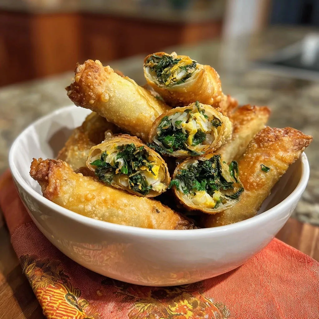 Easy spinach & egg crispy rolls shown cut in half to reveal the fresh green filling and golden fried exterior.