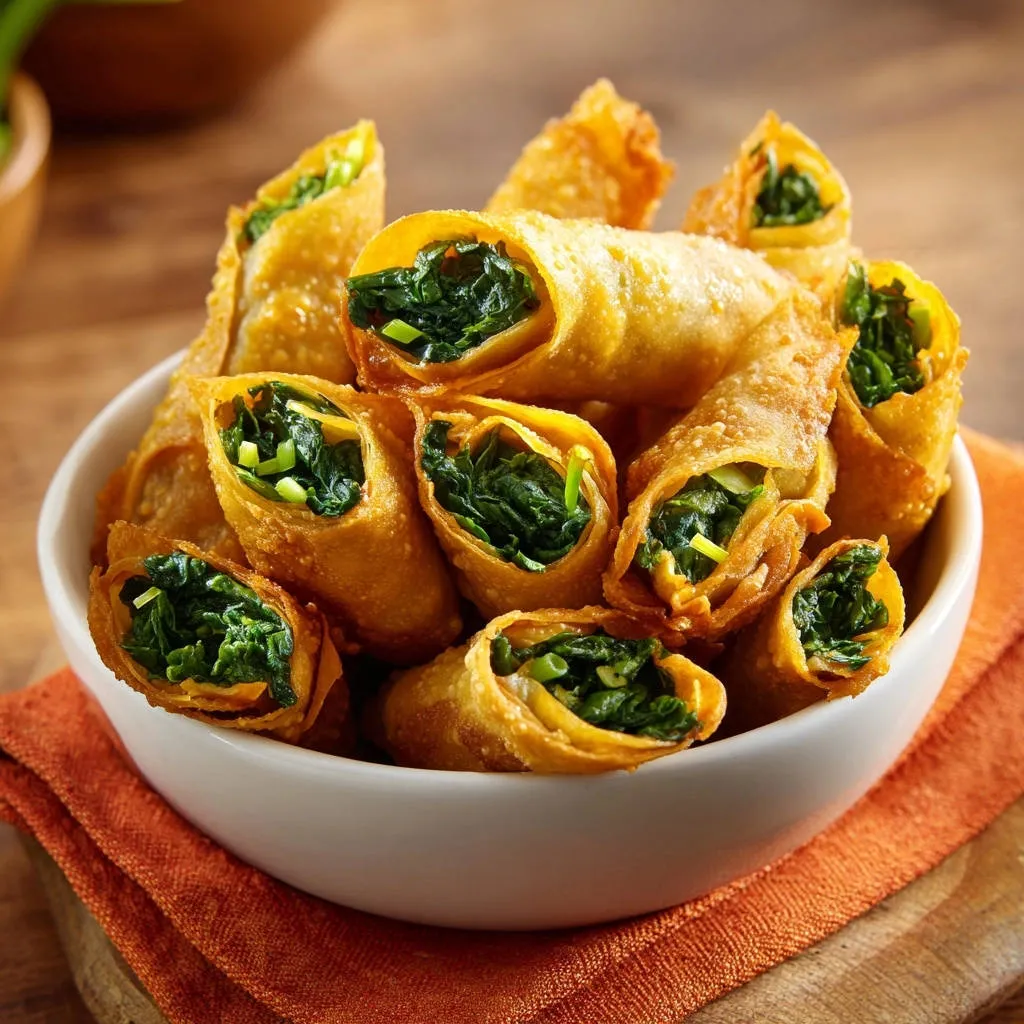 Easy Spinach & Egg Crispy Rolls served in a white bowl, showing a close-up of the golden-brown exterior and green filling.