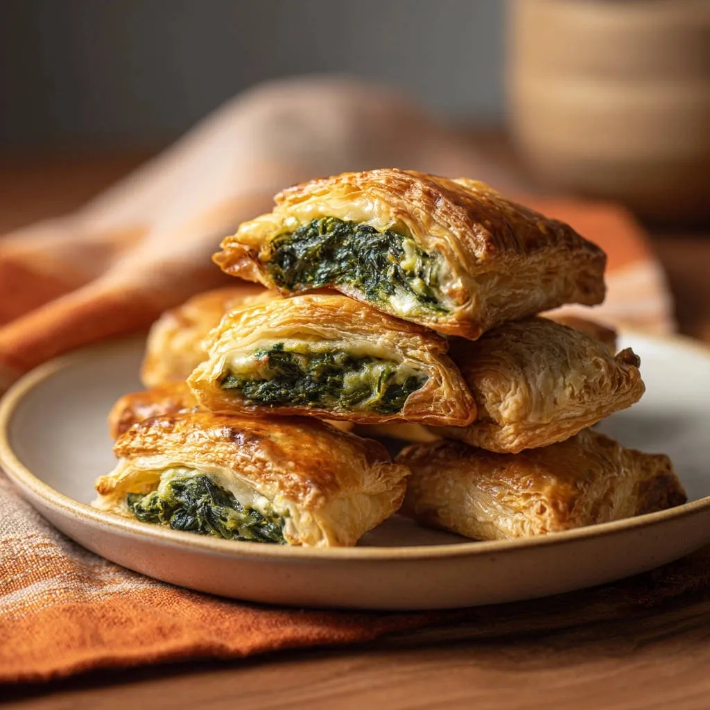 Flaky spinach & feta puffs cross-section stack showing the golden puff pastry and savory filling.