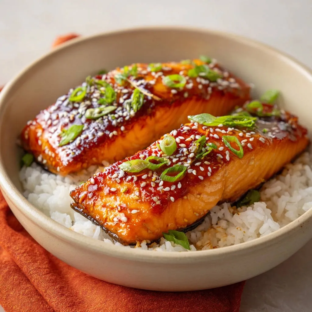 Sticky garlic salmon with a glossy glaze and sesame seeds served over white rice.