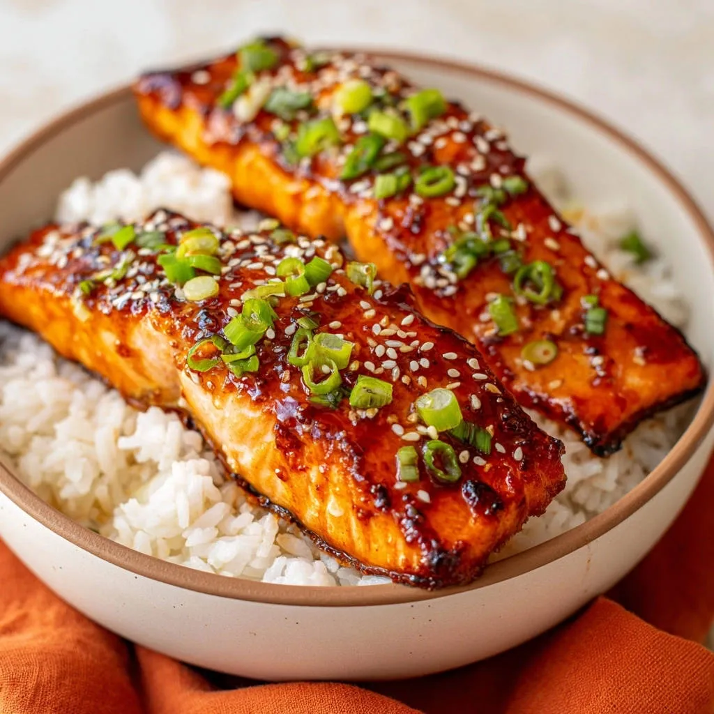 Sticky garlic salmon glazed with sesame seeds and green onions, served over white rice in a bowl.