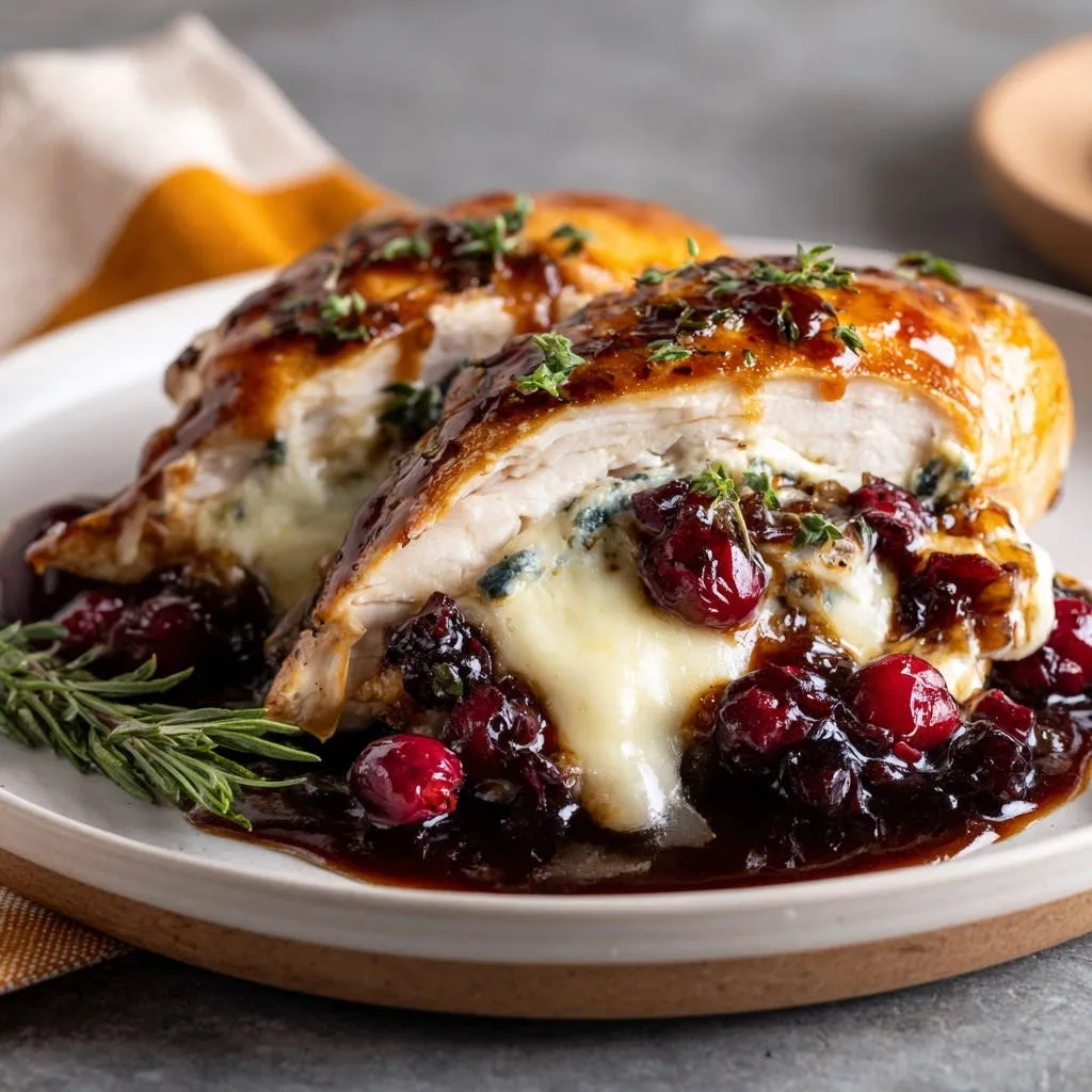 Stuffed chicken with cranberry & brie cross-section showing melted brie and tart cranberries inside juicy chicken breast.