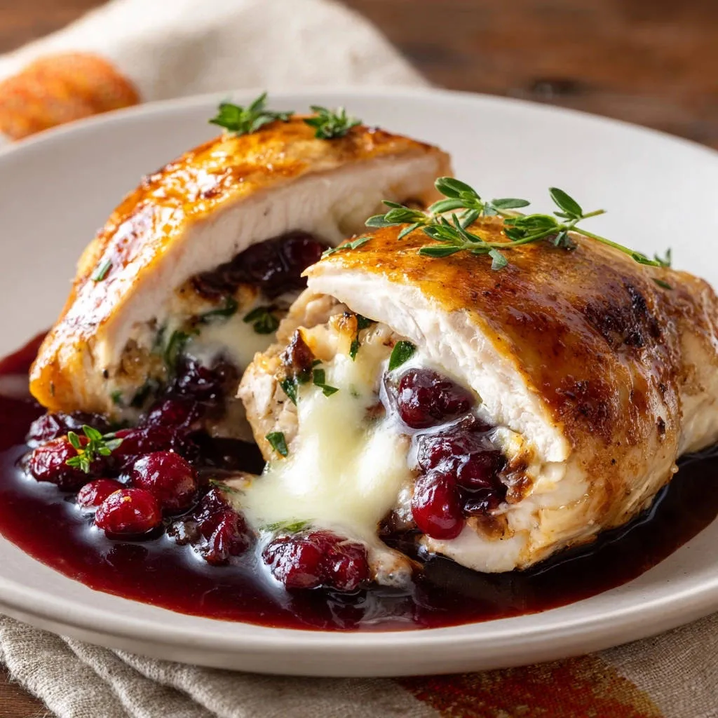 Stuffed chicken with cranberry and brie cross-section showing melted cheese and a rich berry sauce.