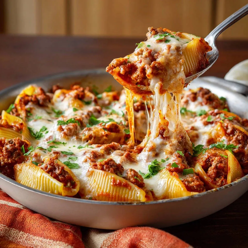 Stuffed shells with meat sauce featuring a cheesy pull on a spoon, served in a baking dish.