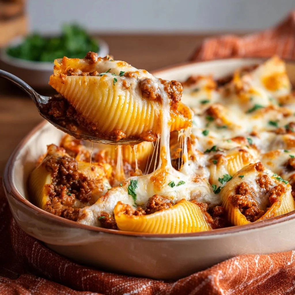 Stuffed shells with meat sauce, a cheesy scoop being lifted from the dish, showing melted mozzarella.