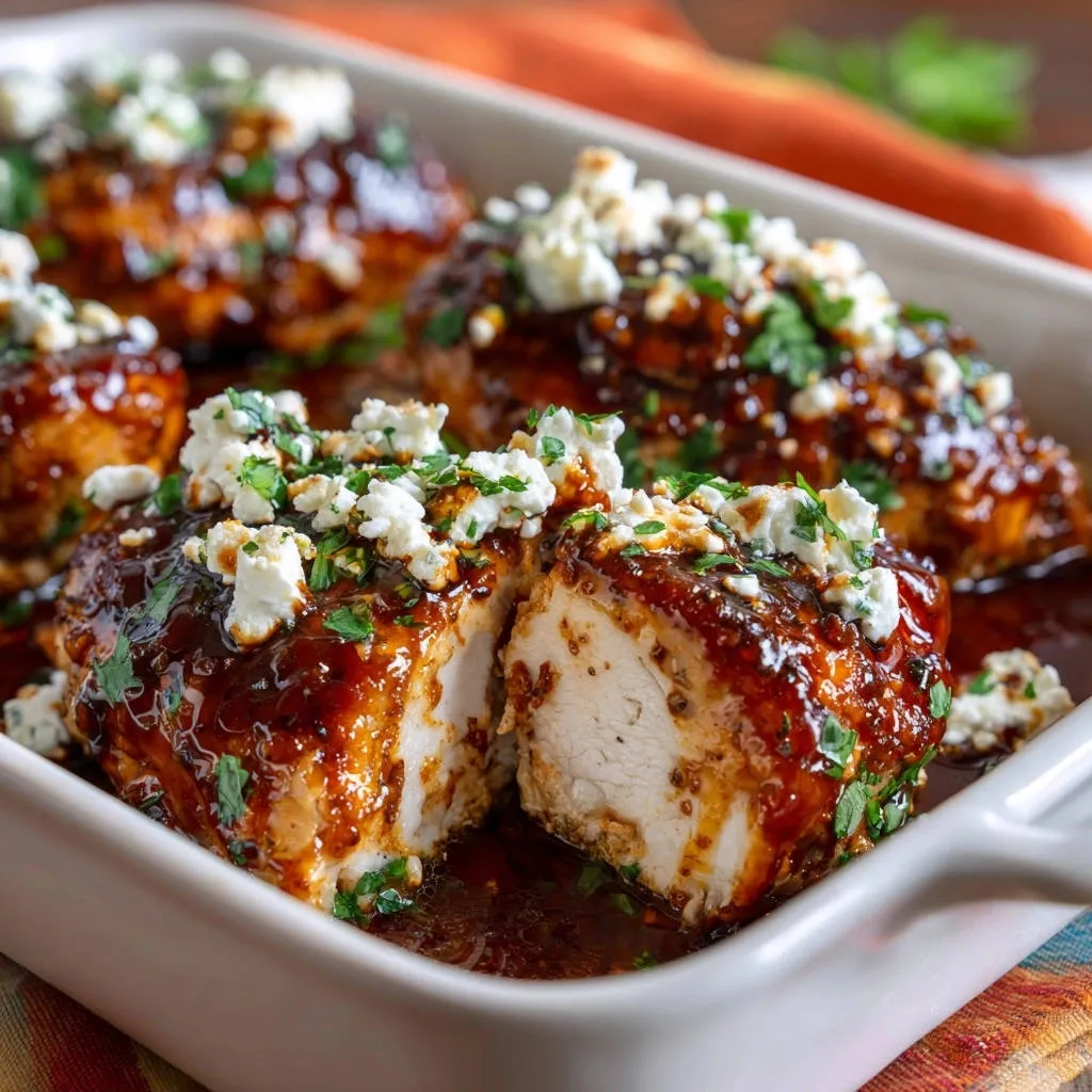 Sweet glazed chicken with feta shown in a cross-section, revealing the juicy interior and topped with crumbled feta cheese.