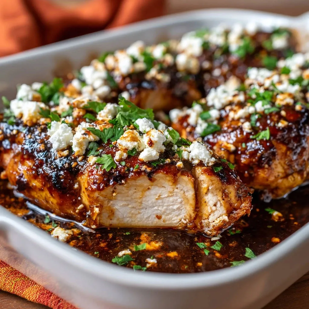 Sweet glazed chicken with feta shown in a close-up cross-section revealing a juicy interior and rich glaze.