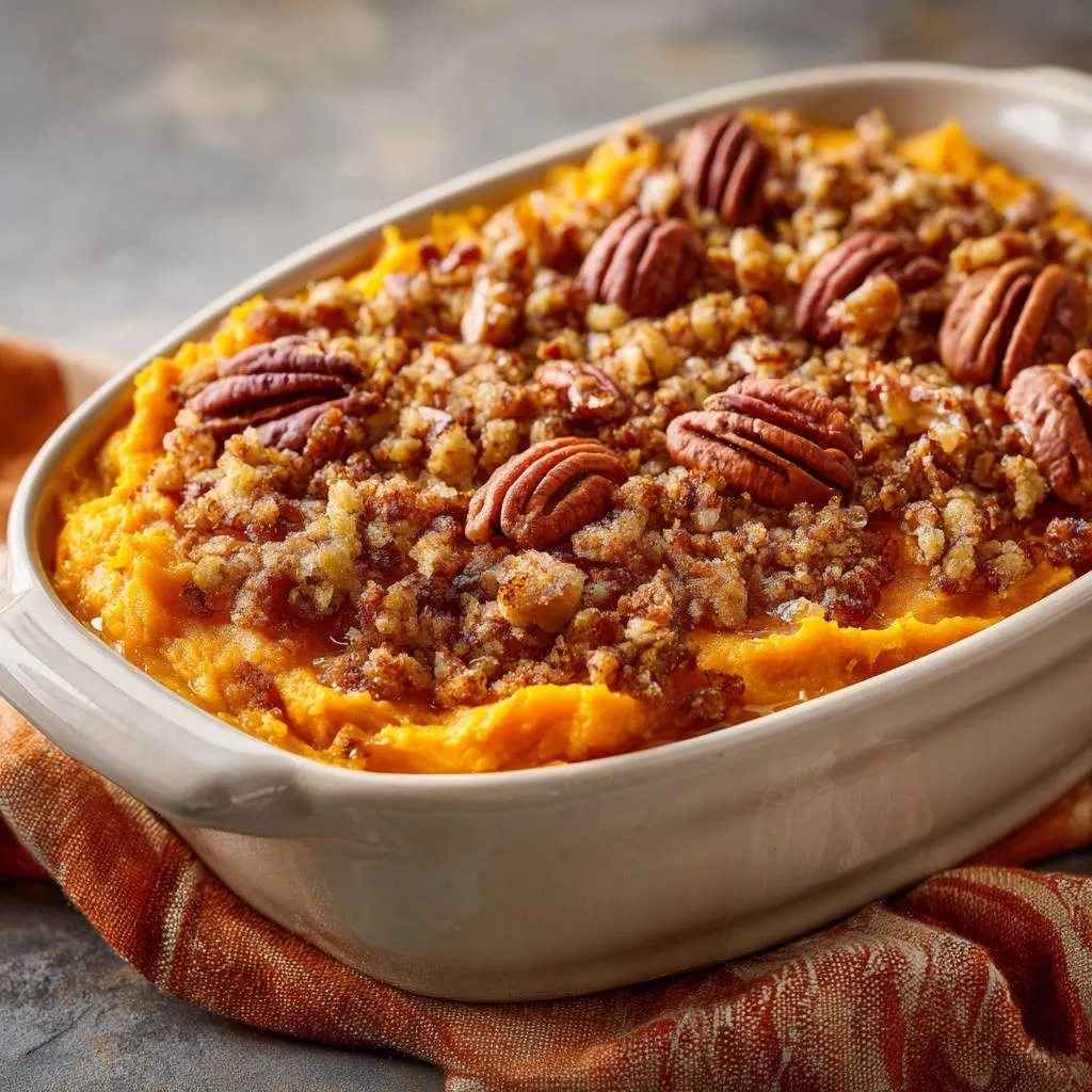 Sweet Potato Pecan Crumble, showing a close-up of the crunchy pecan and crumble topping.