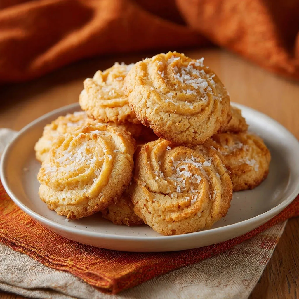 Swirled coconut delights piled high on a white plate, sprinkled with shredded coconut.
