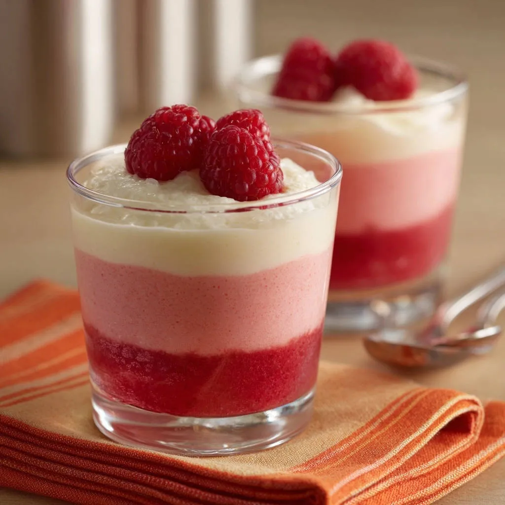 Three-layer raspberry dream dessert in clear glasses, showcasing distinct layers and fresh raspberries as a garnish.