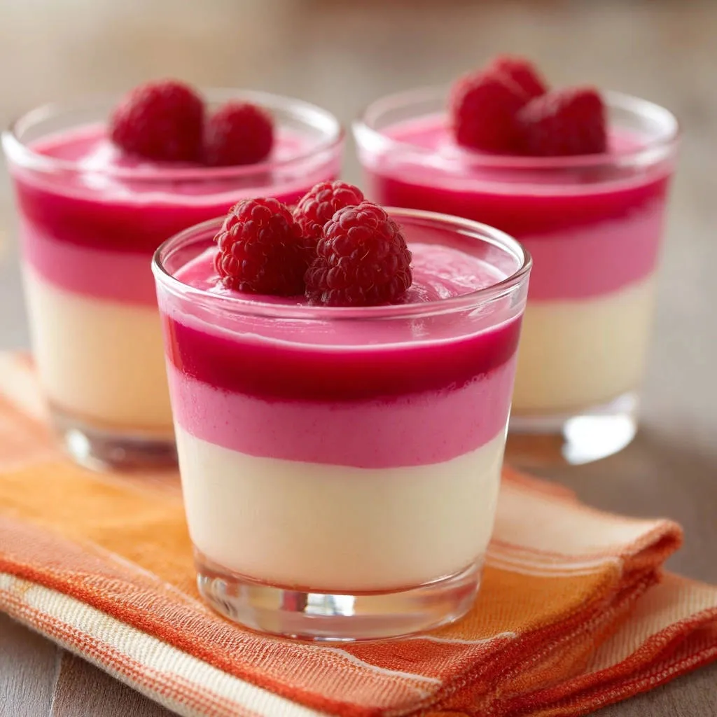 Three-layer raspberry dream dessert served in glasses with fresh raspberries as a topping.