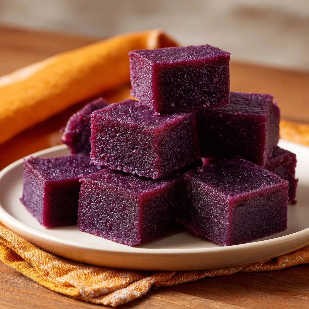 Ube cake squares are stacked on a white plate, showcasing their vibrant purple color and dense texture.