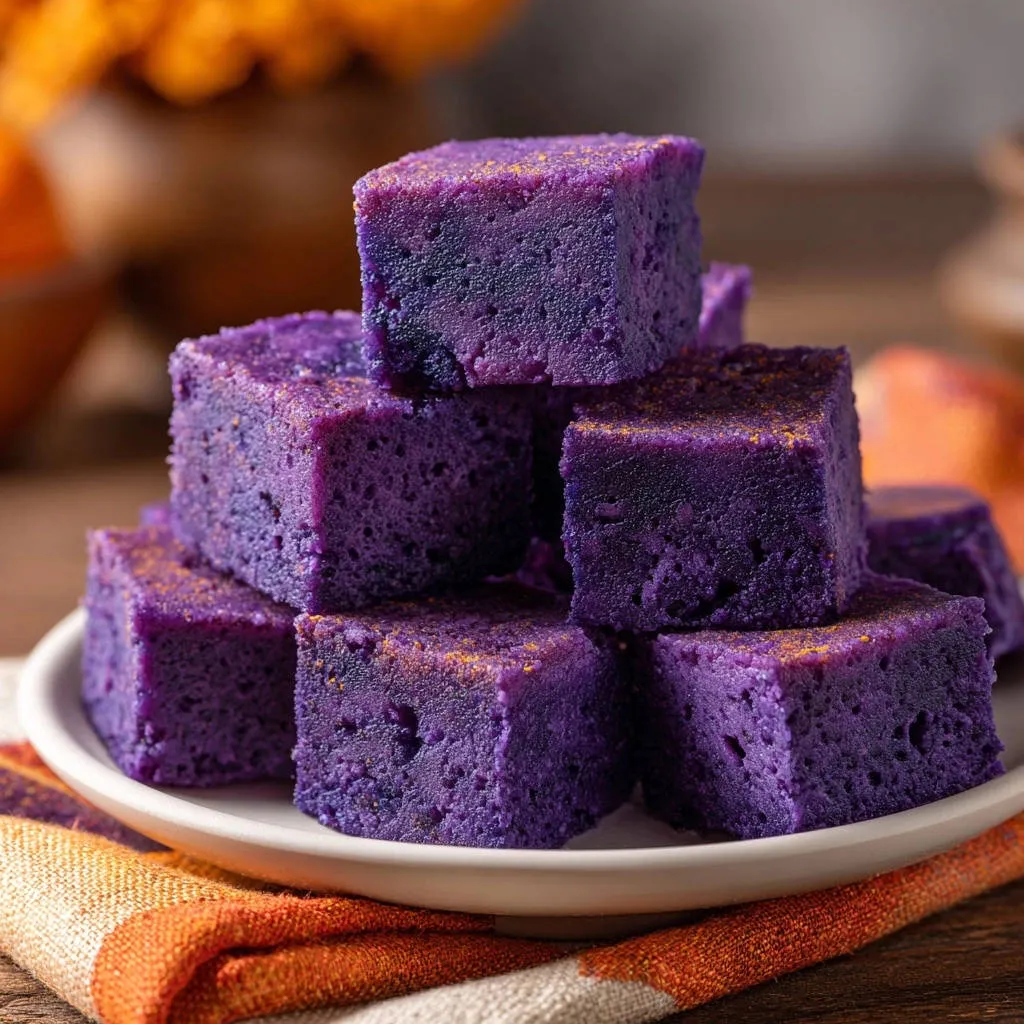 Ube cake squares stacked on a white plate, dusted with a hint of cinnamon sugar.