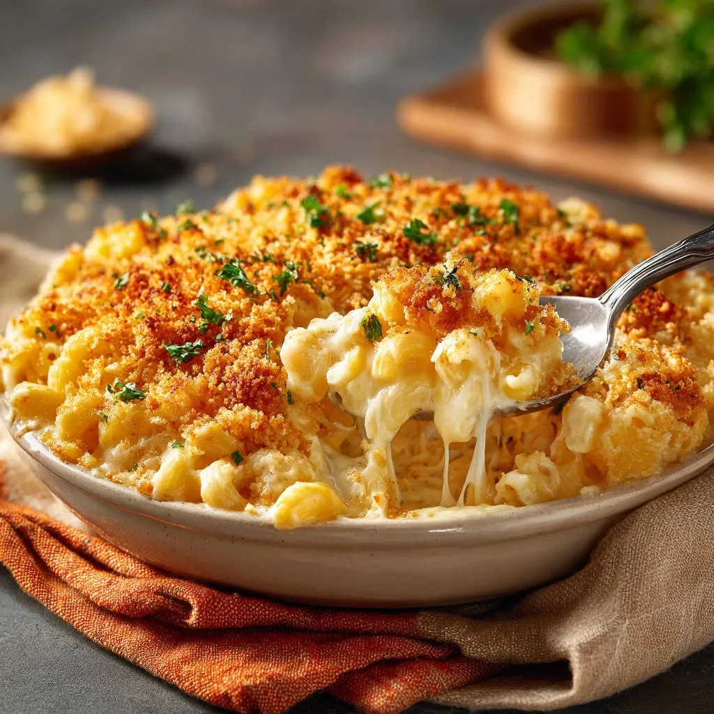 Ultimate baked mac and cheese with a spoonful lifting to show gooey cheese pull and breadcrumb topping.