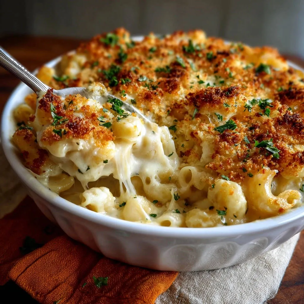 Ultimate baked mac and cheese being scooped with a spoon, showing a creamy, cheesy pull.