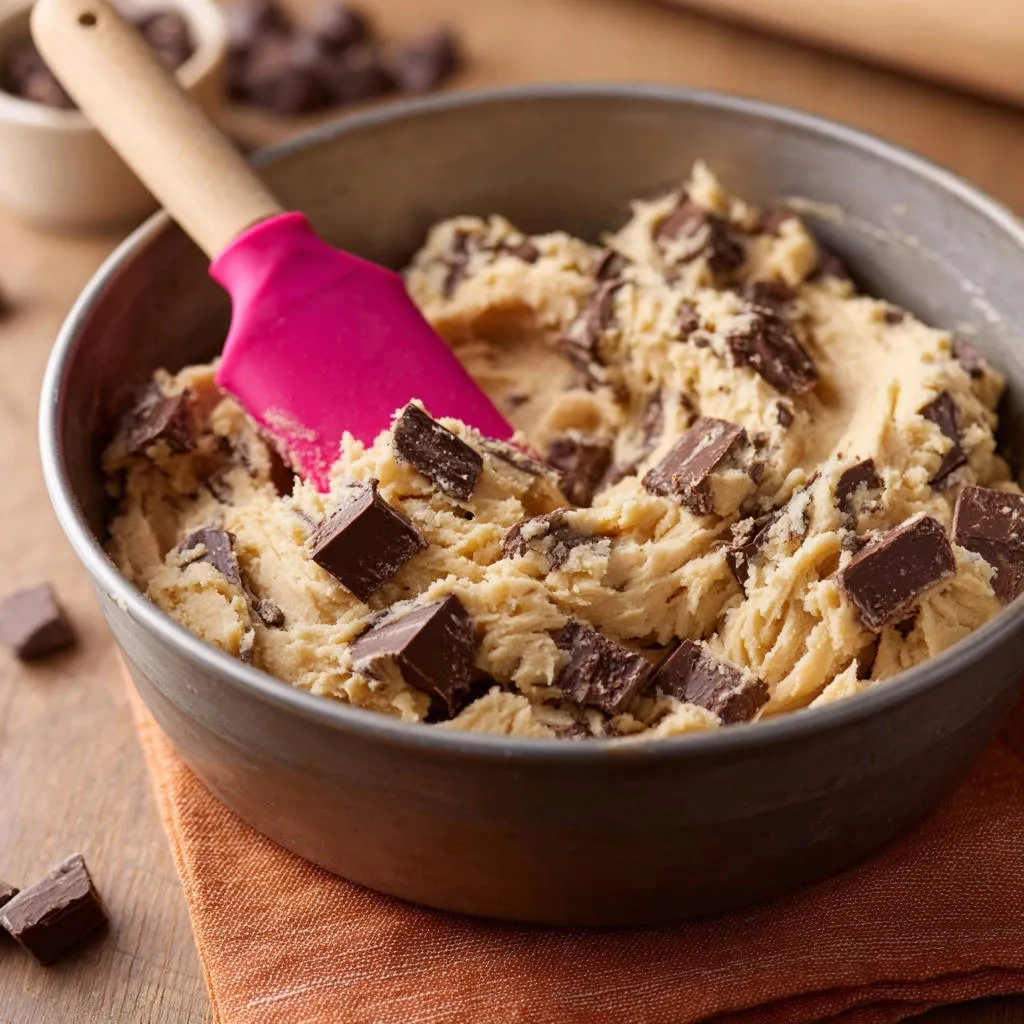 Ultimate Chocolate Chunk Cookies dough in a bowl with a pink spatula and chocolate chunks.