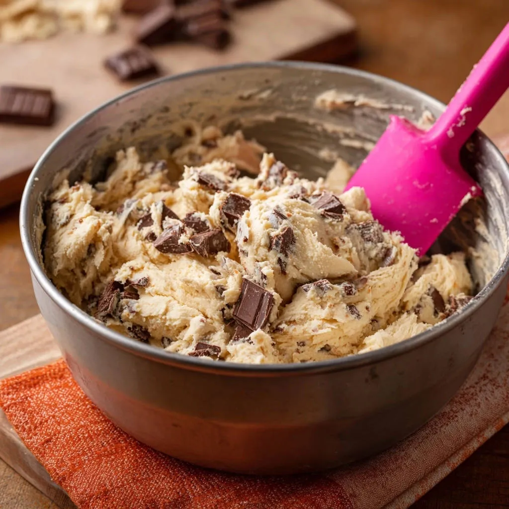 Ultimate Chocolate Chunk Cookies shown in a metal mixing bowl with a pink spatula and visible chocolate chunks.