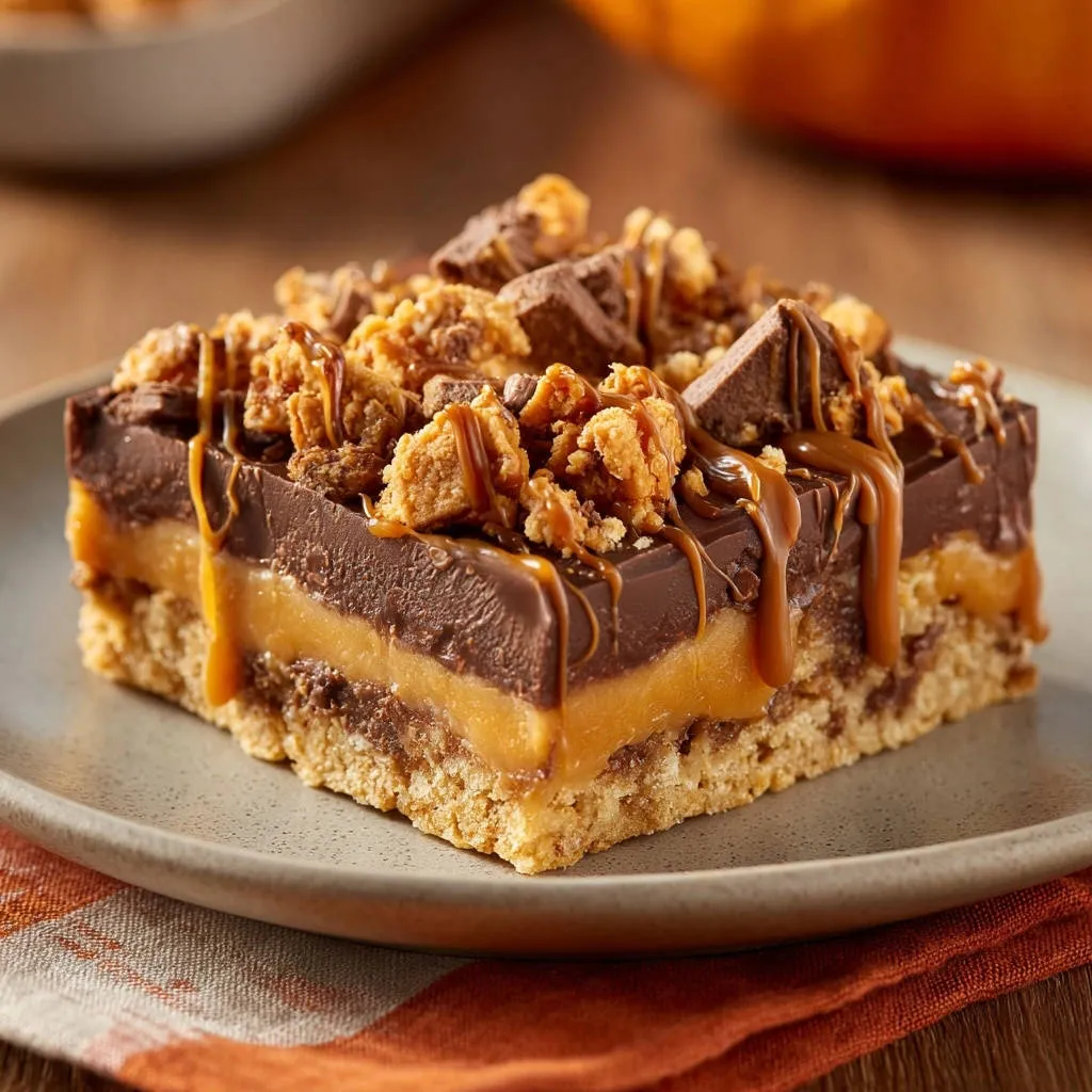 Ultimate Peanut Butter Chocolate Bars, a close-up view of a single bar showcasing its rich layers and caramel drizzle.