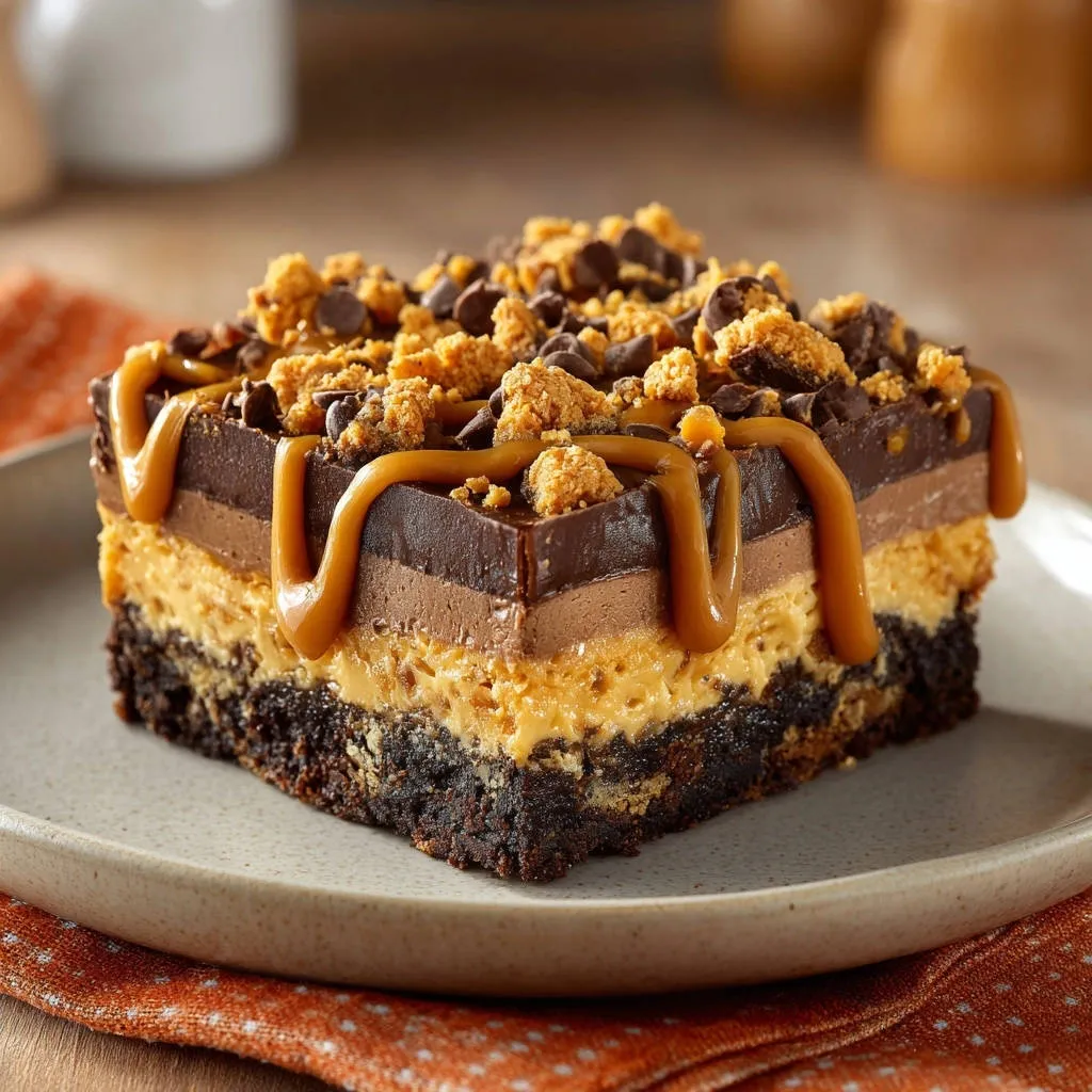 Ultimate Peanut Butter Chocolate Bars cross-section slice showing rich layers of brownie, peanut butter, and chocolate ganache.