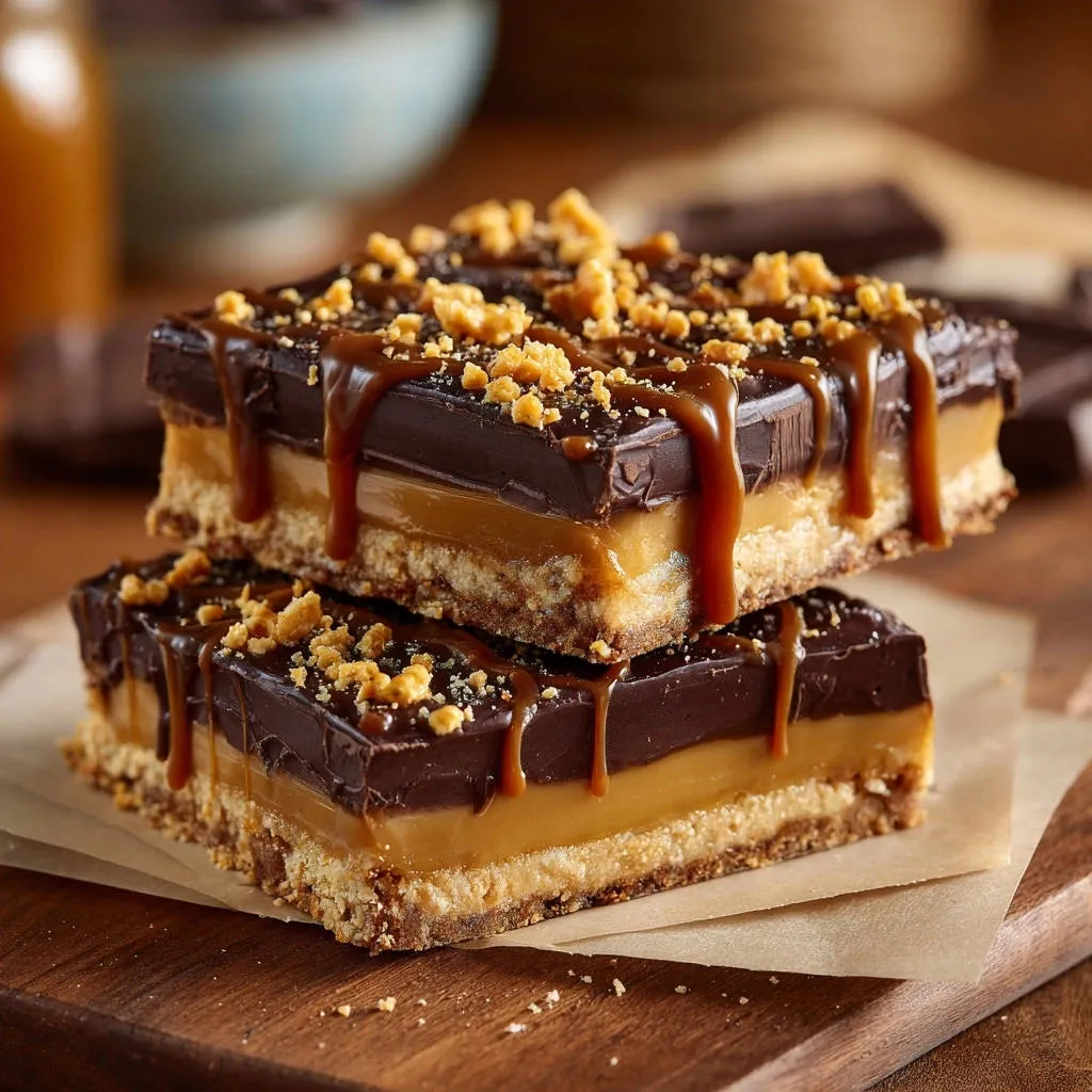 Ultimate salted caramel chocolate bars stacked closely, showcasing rich chocolate, gooey caramel, and crumbly base.