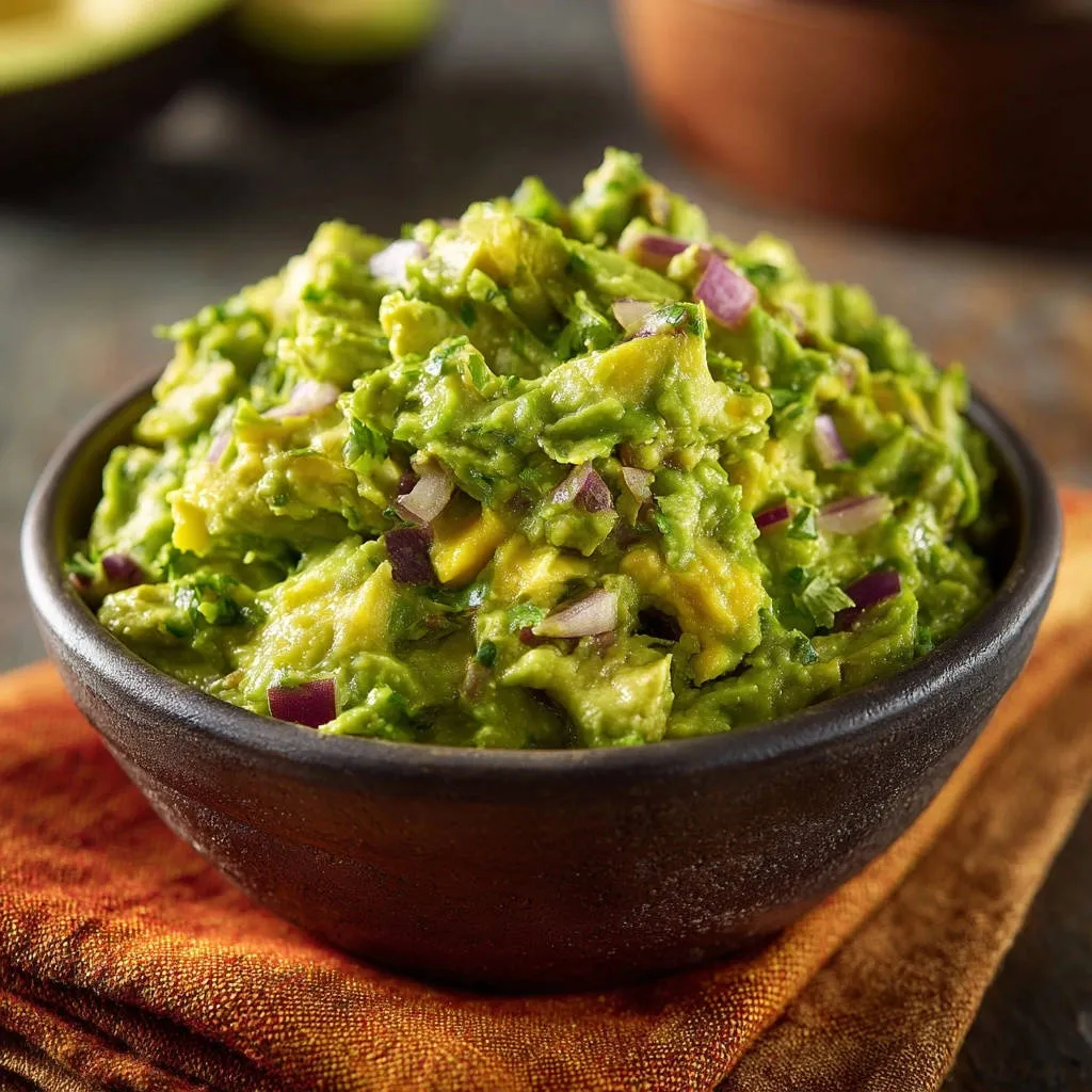 Vibrant guacamole in a rustic bowl, showcasing its fresh texture and red onion and cilantro mix.