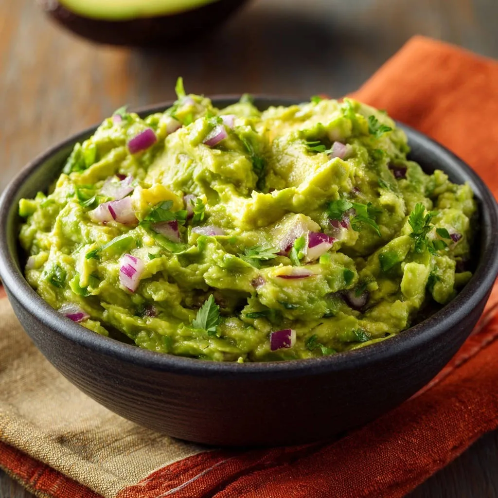 Vibrant guacamole with red onion and cilantro, served in a dark bowl and presented with a close-up view.