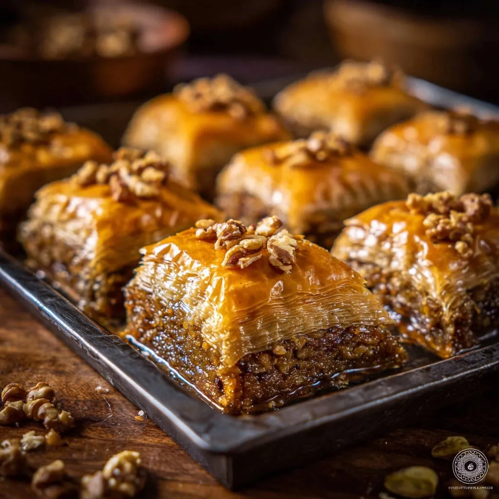 Classic walnut baklava in a tray, showcasing a close-up view of the layered pastry and walnut filling.