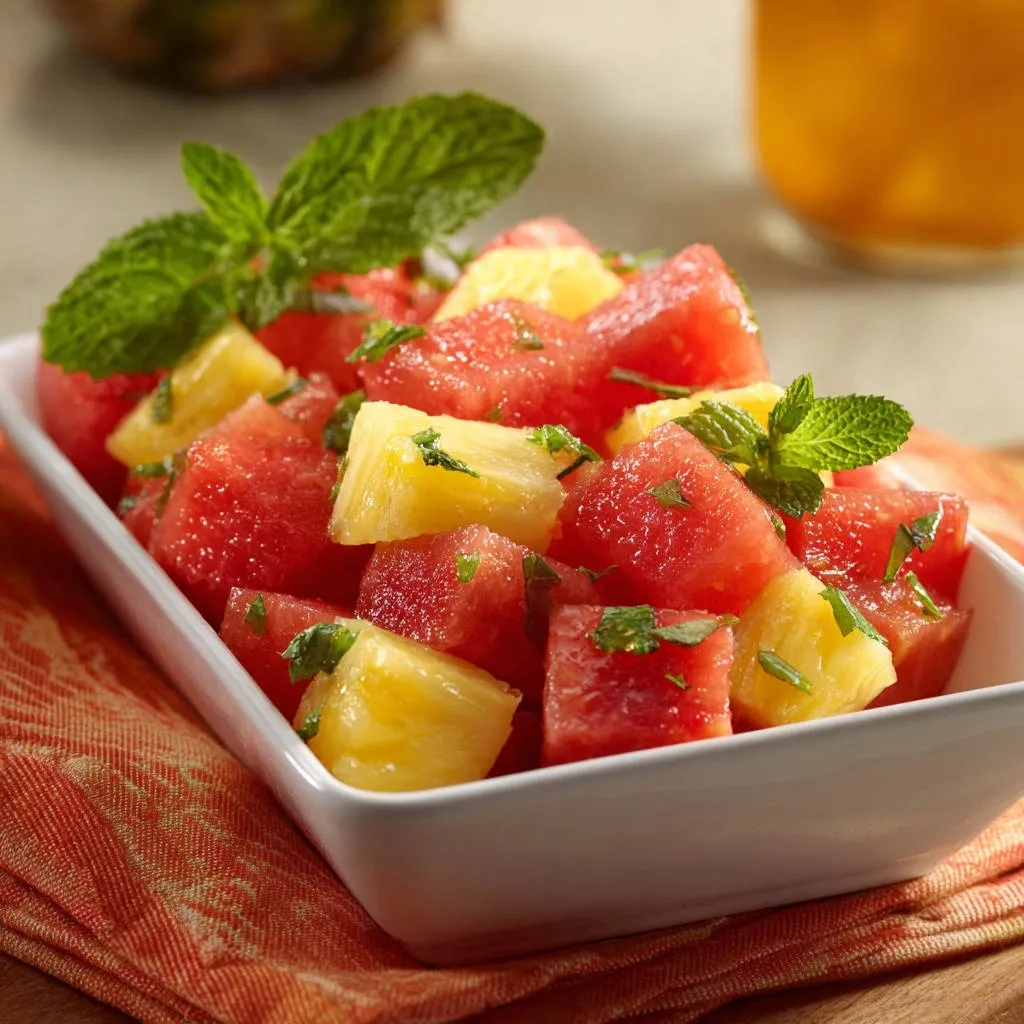 Vibrant watermelon pineapple salad with fresh mint garnish in a white bowl, close-up detail.