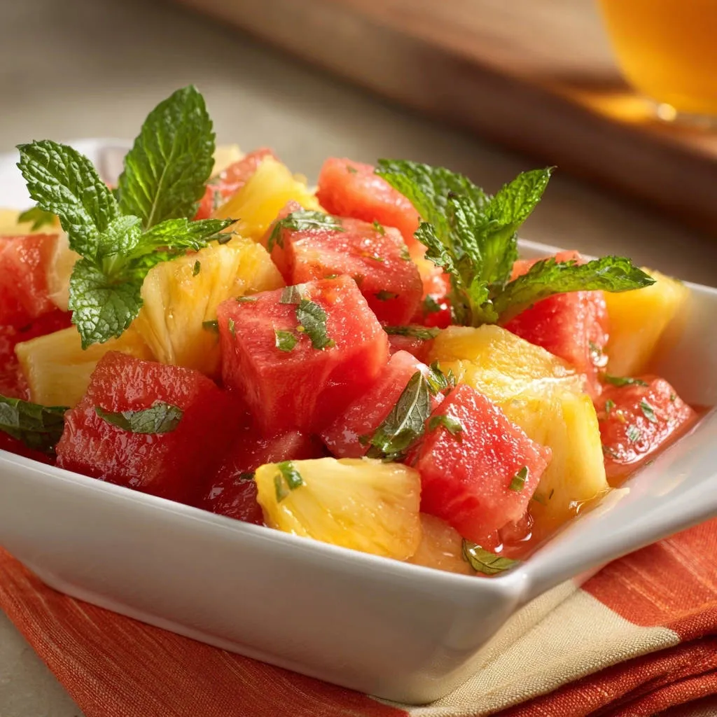 Vibrant watermelon pineapple salad with fresh mint garnish shown in a white bowl, a close-up detail shot.