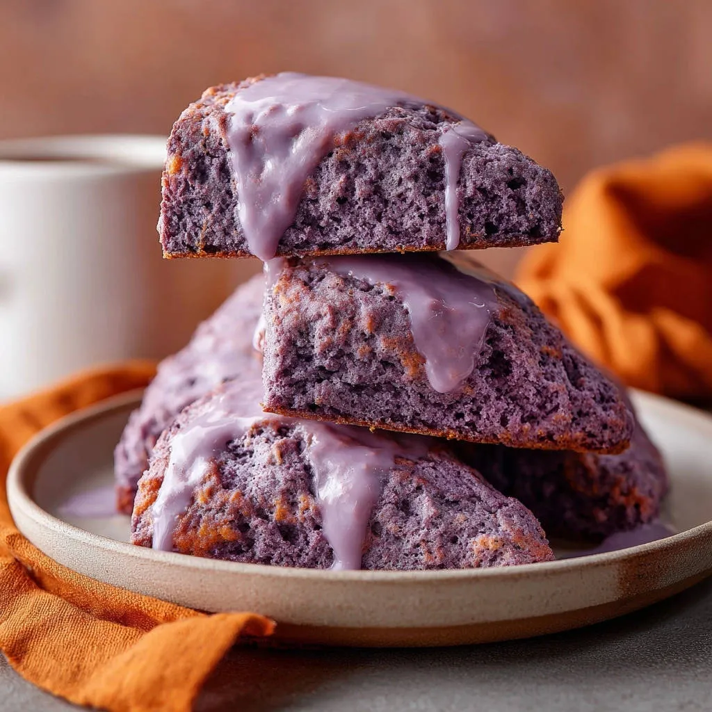 Whimsical purple scones stacked high and drizzled with a light purple glaze, showcasing their tender texture.