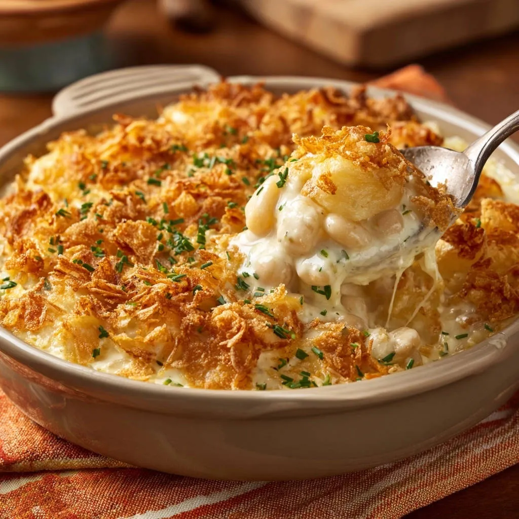 Ultra creamy white bean casserole being scooped with a spoon, showing its cheesy interior and crisp topping.