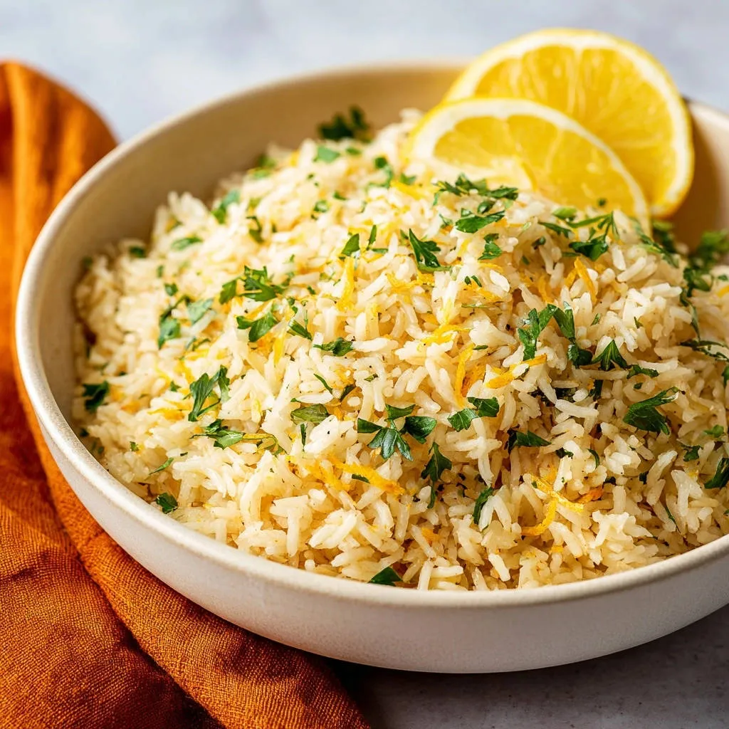 Zesty lemon herb rice garnished with fresh parsley and lemon slices in a bowl.