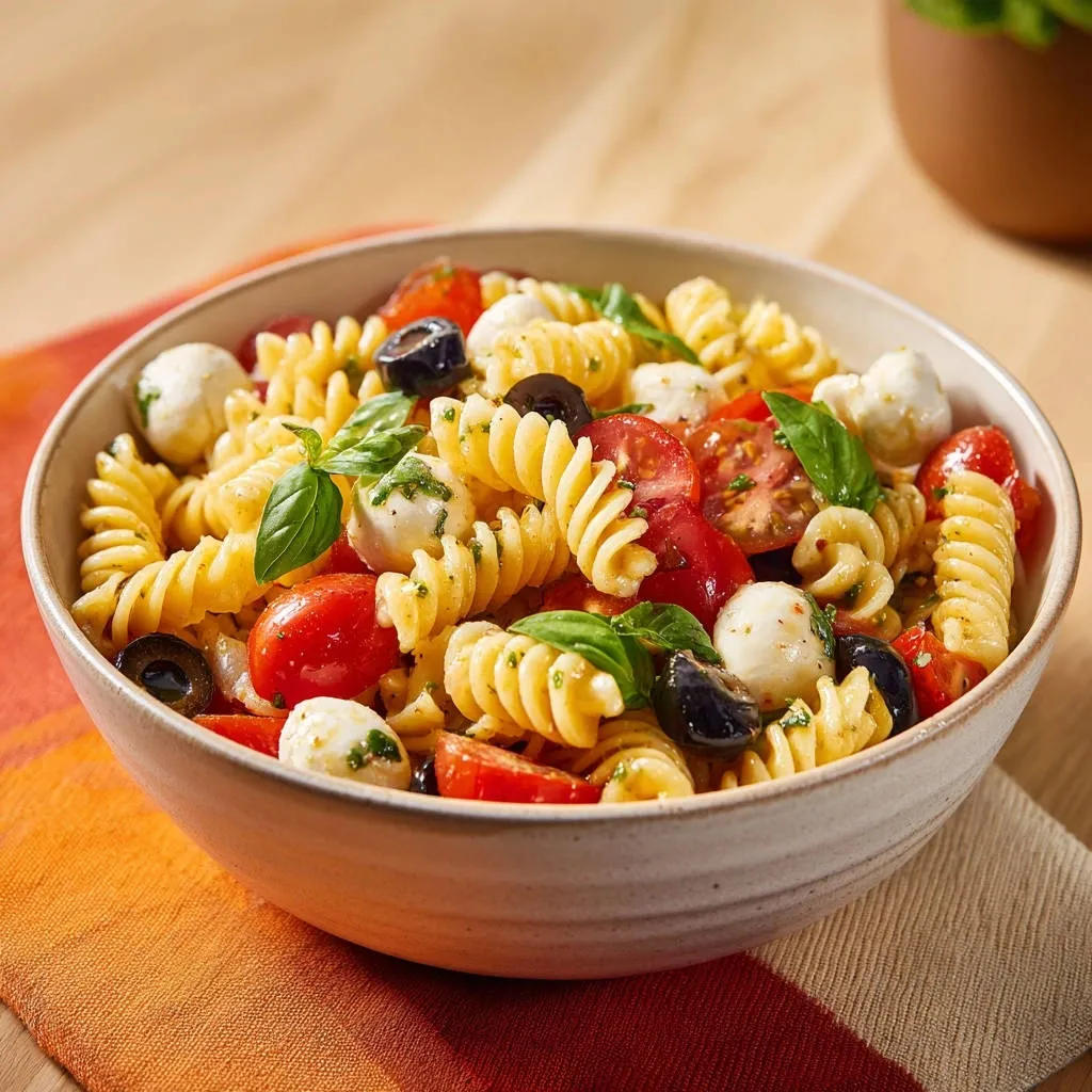 Zesty Mediterranean Pasta Salad served in a bowl, featuring rotini pasta, cherry tomatoes, mozzarella balls, and olives in a close-up view.