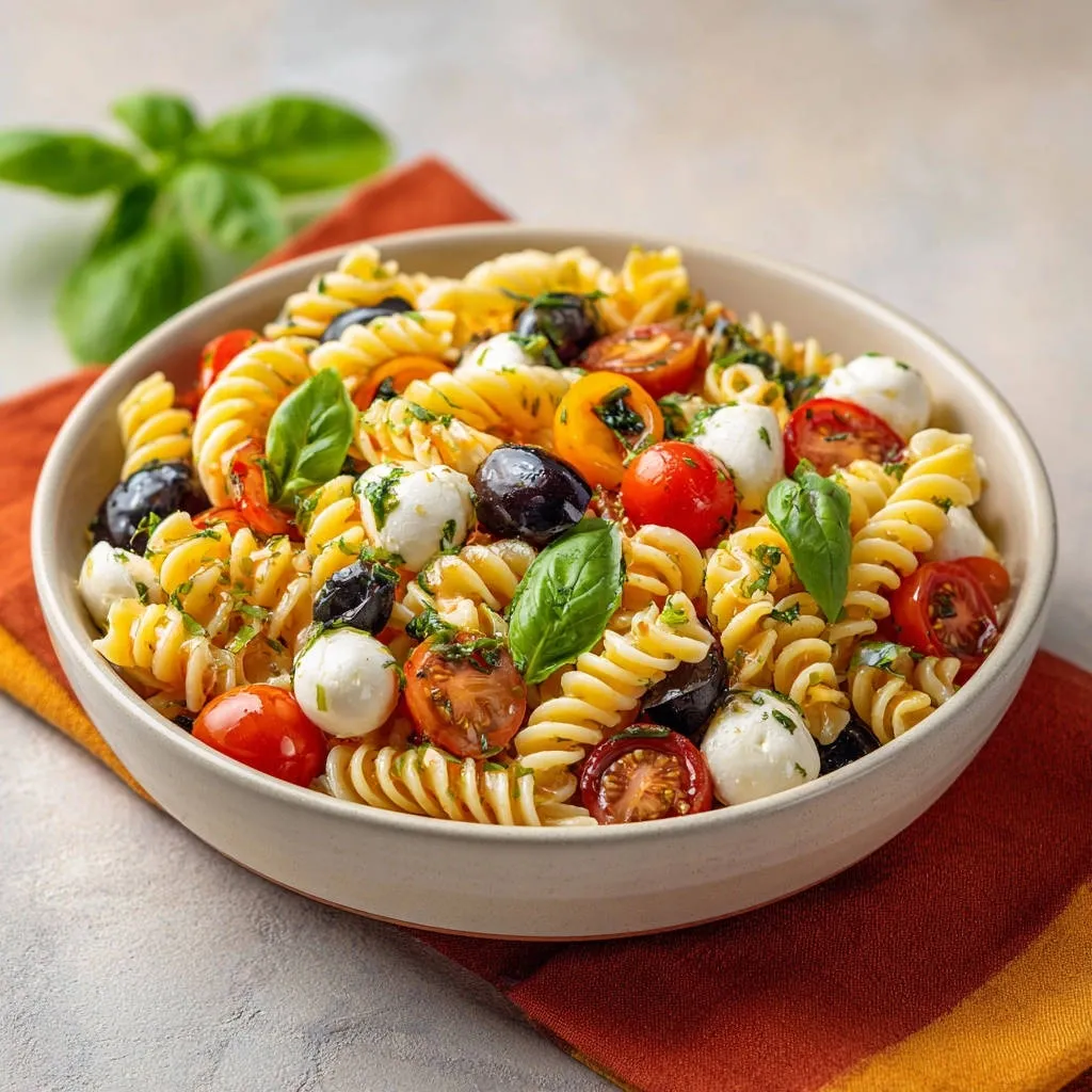 Zesty Mediterranean Pasta Salad served in a bowl, showcasing fusilli pasta, cherry tomatoes, olives, and mozzarella balls with fresh basil.