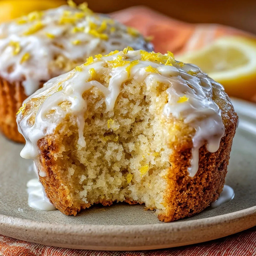 Zesty orange glazed muffins shown in a close-up cross-section with a bite taken out, revealing the tender interior.