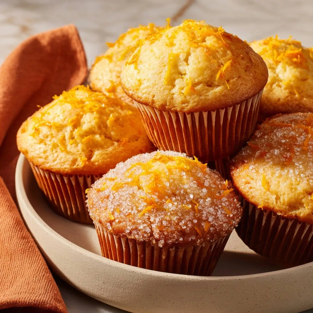 Zesty orange muffins are piled high on a plate, showcasing a sparkling sugar and orange zest topping.