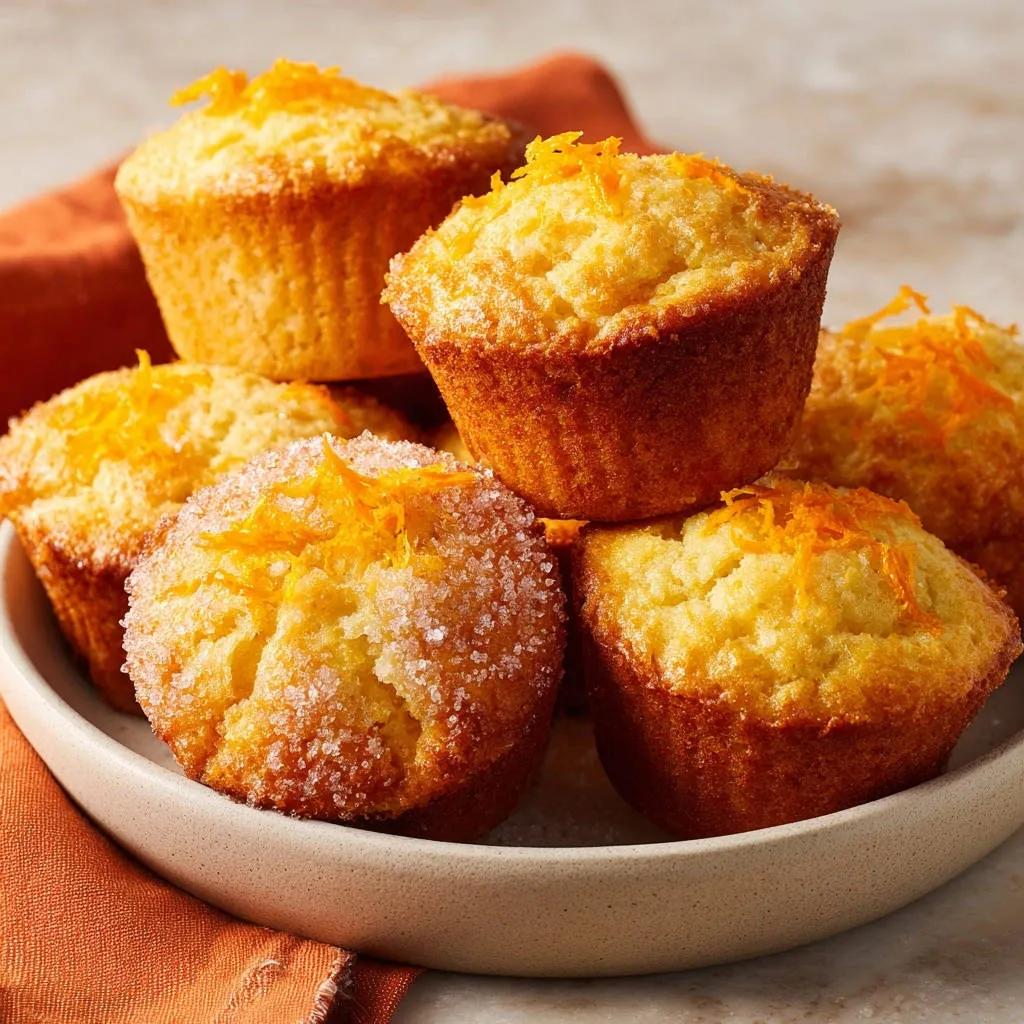 Zesty orange muffins stacked in a bowl, topped with fresh orange zest and sugar crystals.