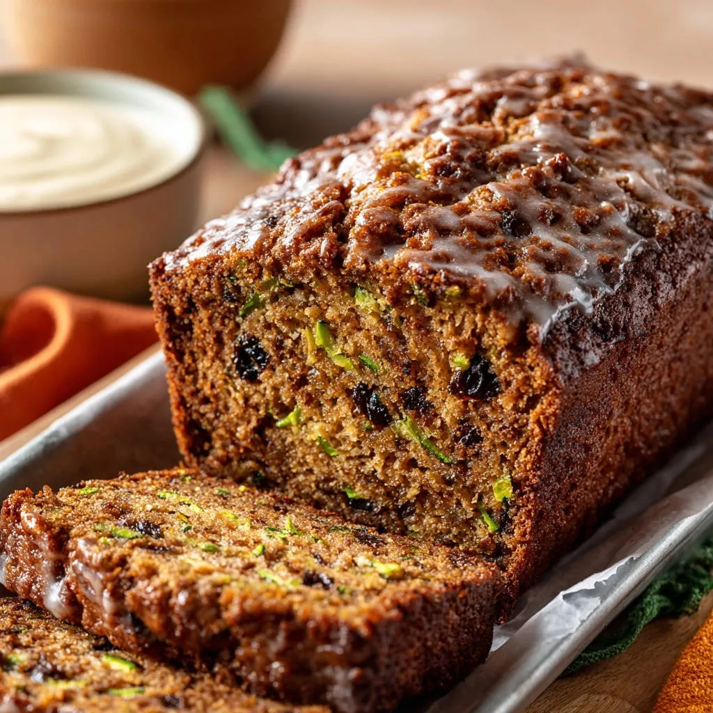 Delicious zucchini bread, a sliced loaf with visible zucchini strands and a sweet glaze topping.